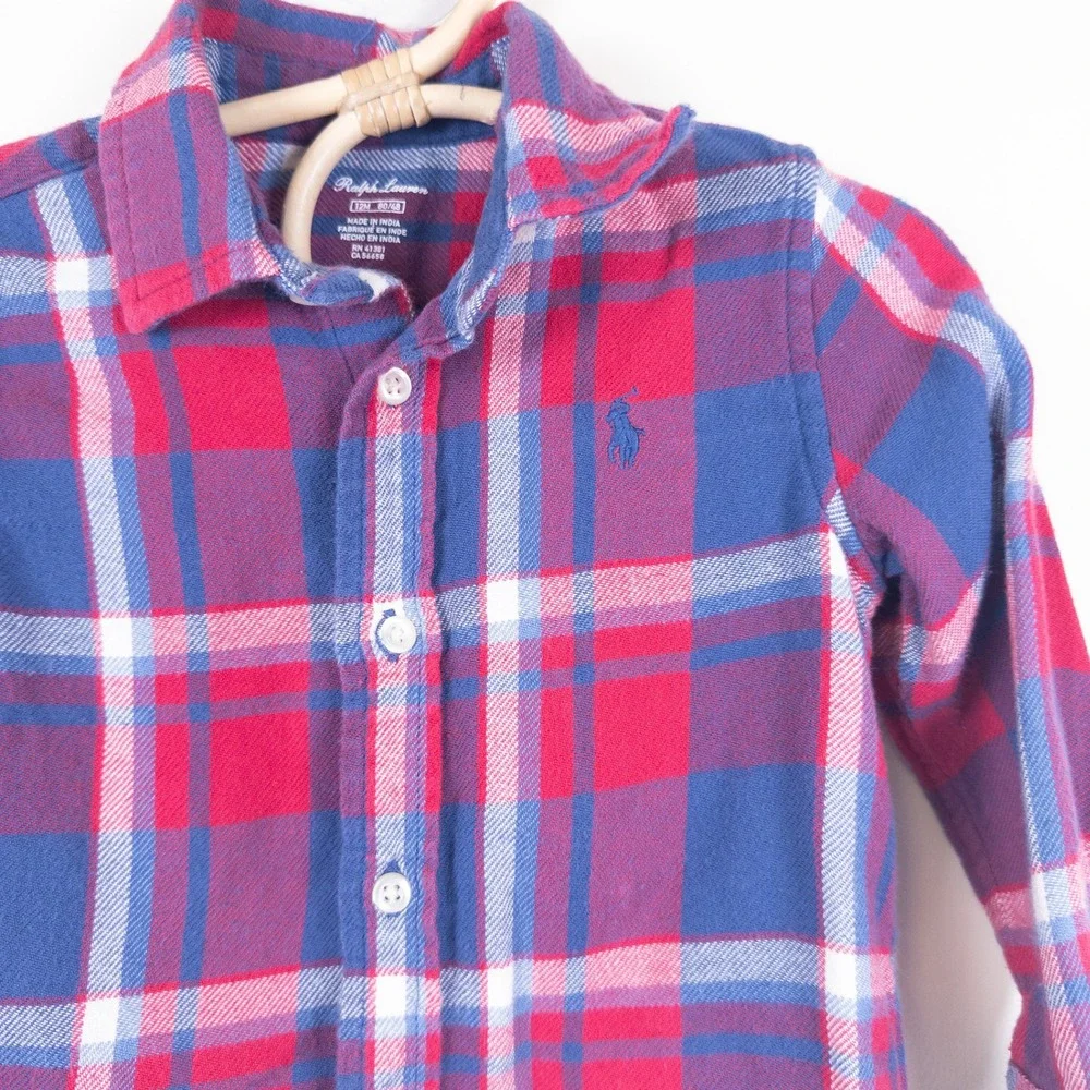 Ralph Lauren Plaid Flannel Shirt Kids 12M‎ Red Blue Long Sleeve Button Down